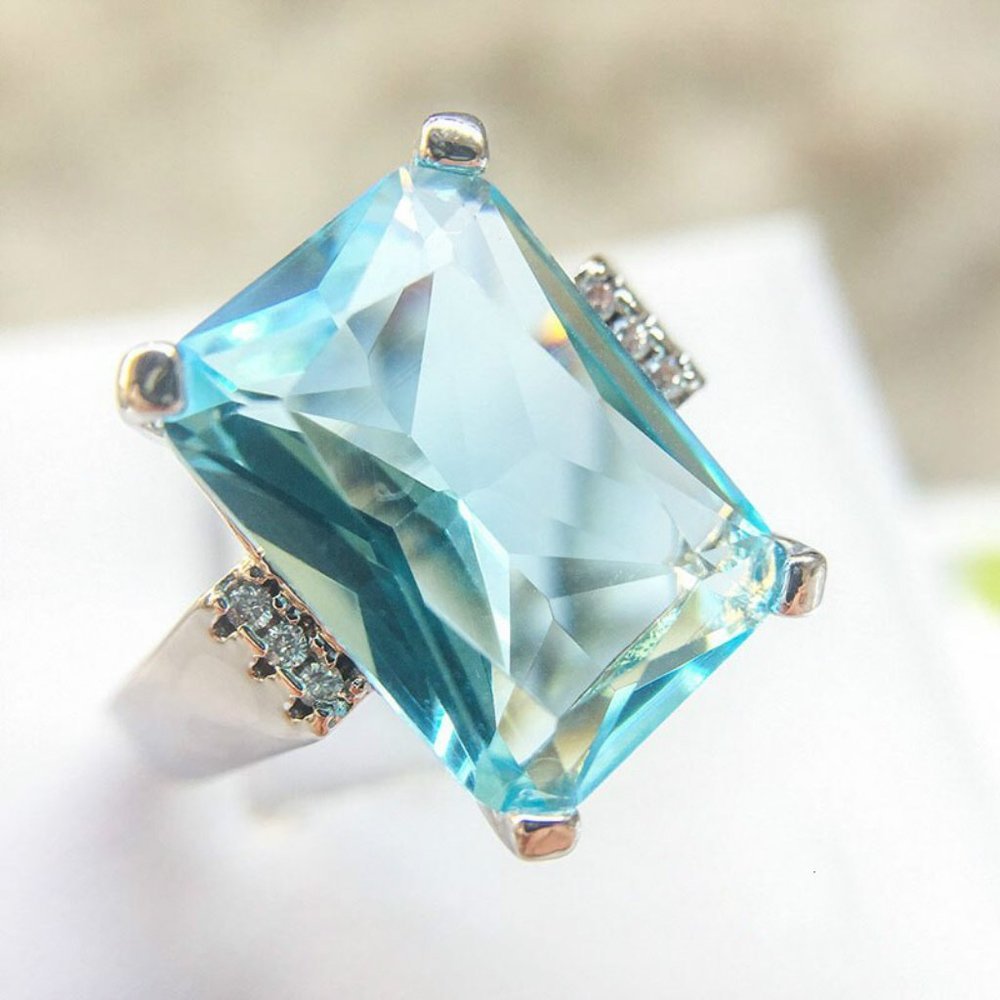 *NEW Huge Aquamarine Diamond 925 Silver Ring - Picture 7 of 8